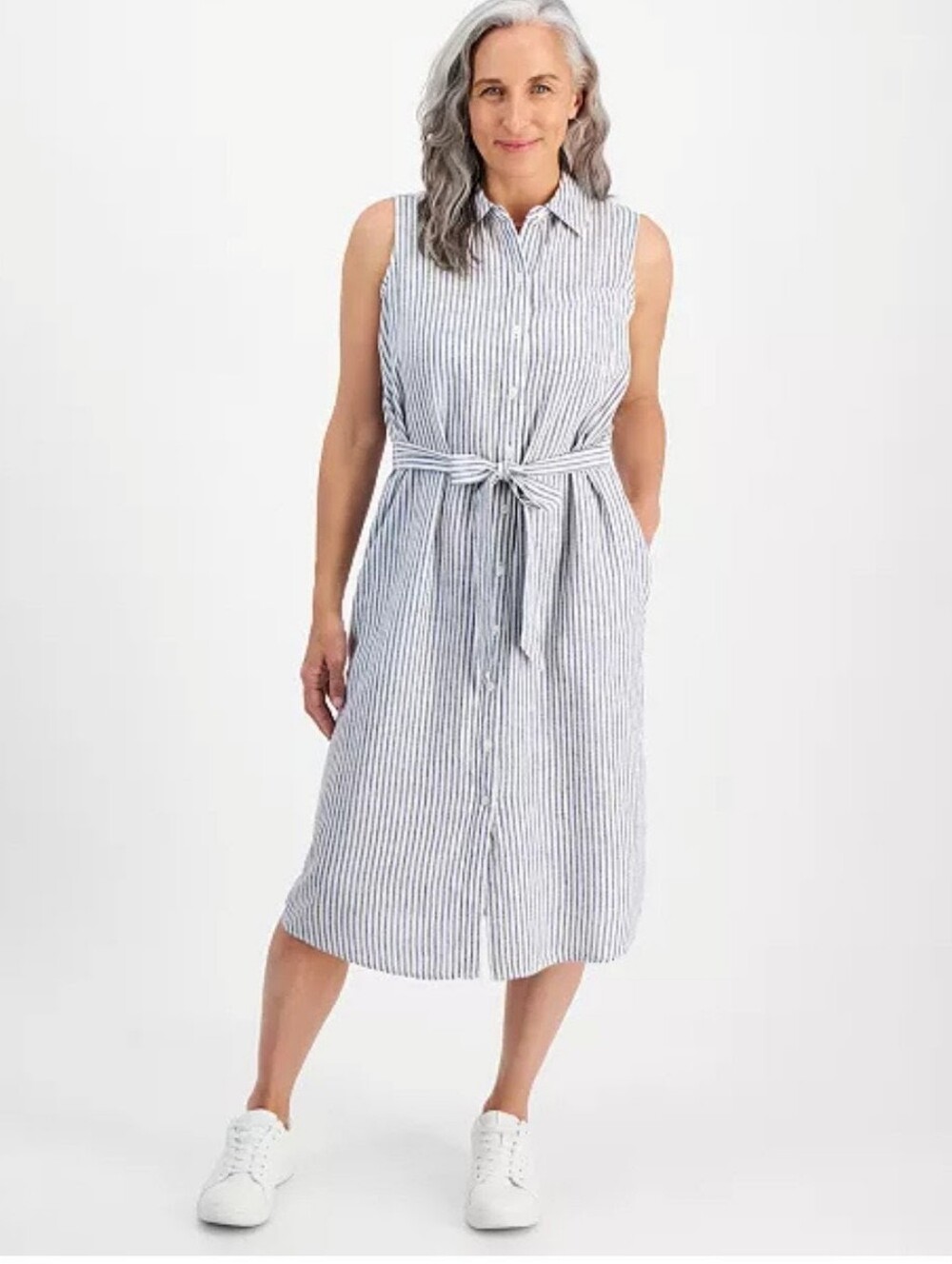 Style & Co Women's Sleeveless Blue and White Stripe Linen Shirt Dress | Medium